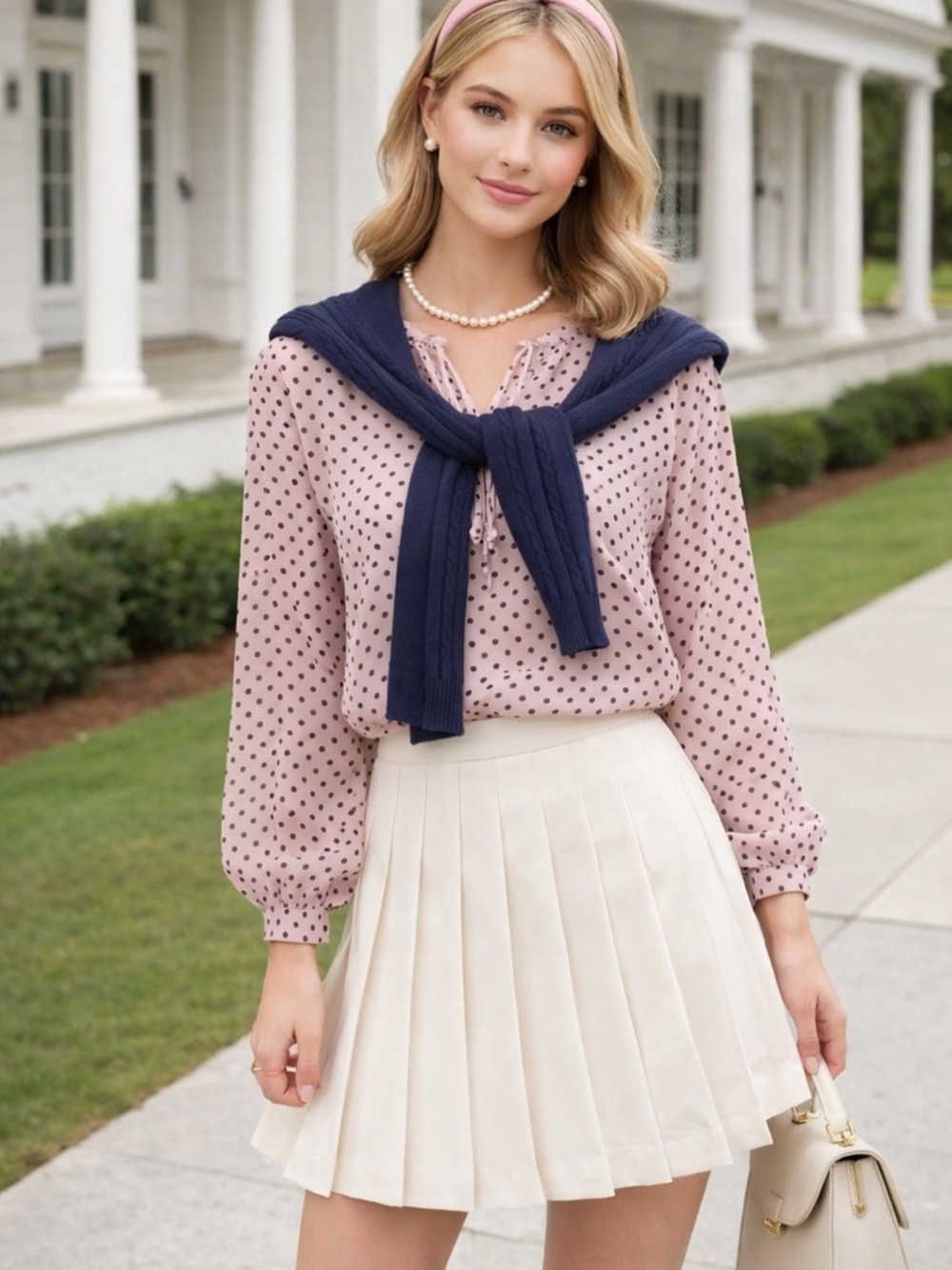 🎀 Tommy Hilfiger Pretty Pin Tuck Detail Dusty Pink Polka Dot Long-Sleeve Blouse